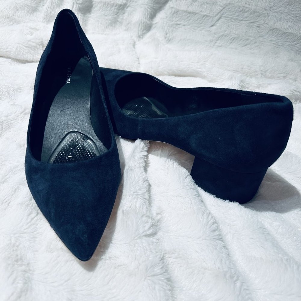 Blue Suede Block Heel Pumps